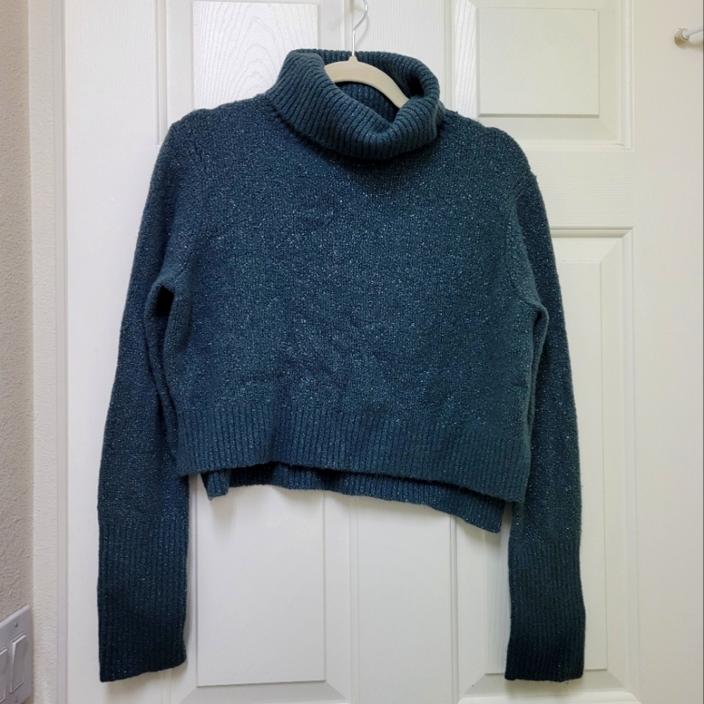 All Saints Grey Metallic Turtleneck Crop Sweater, Small